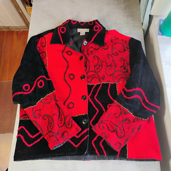 Vintage New Direction Artsy Red Black Geometric Lightweight Blazer Jacket Large - Picture 12 of 15
